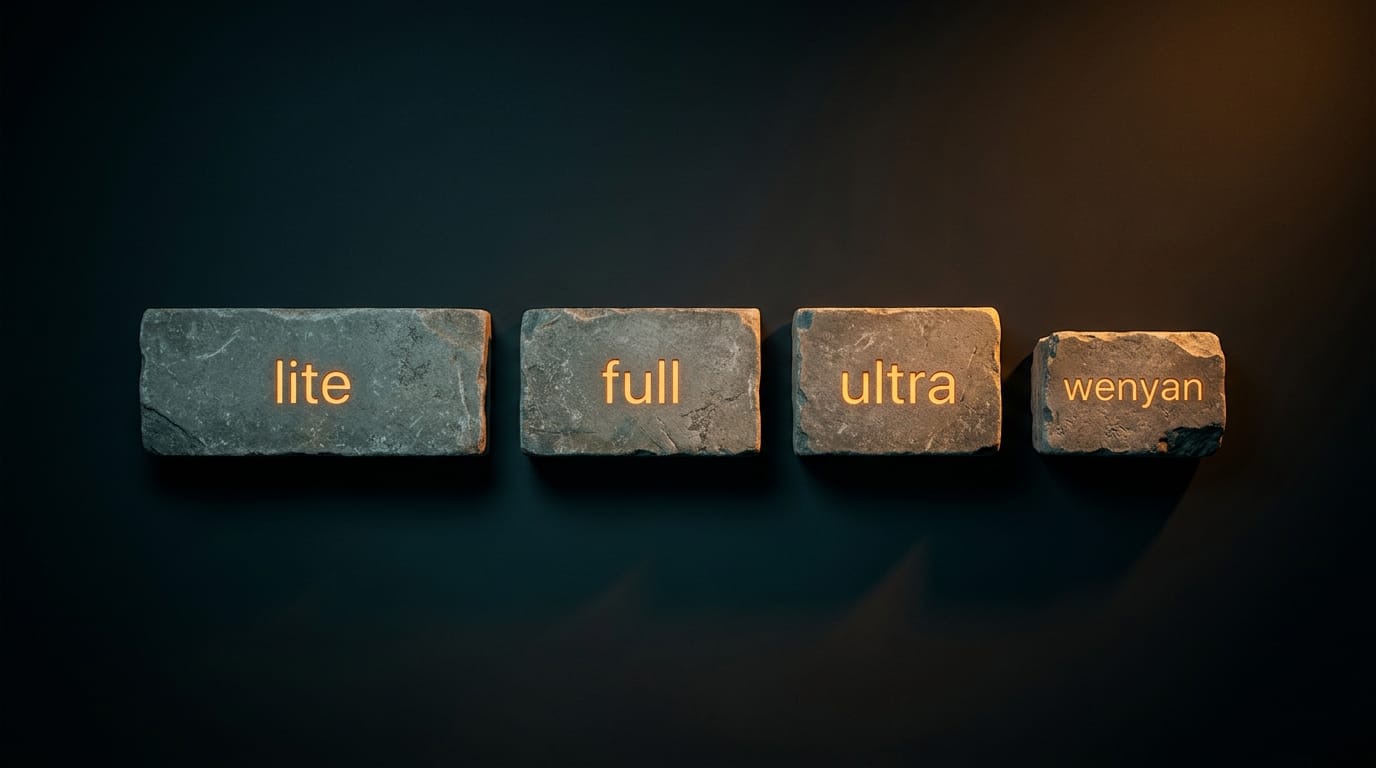 Diagram showing the six Caveman compression levels stacked from lite to wenyan-ultra, with progressively shorter sample outputs.