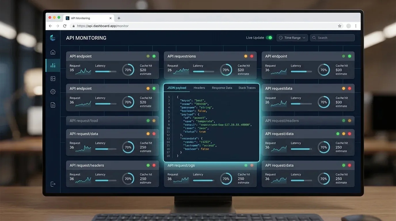 ccglass web dashboard concept showing real-time API request monitoring with token counts, latency bars, cache hit rates, and expanded JSON payload inspection