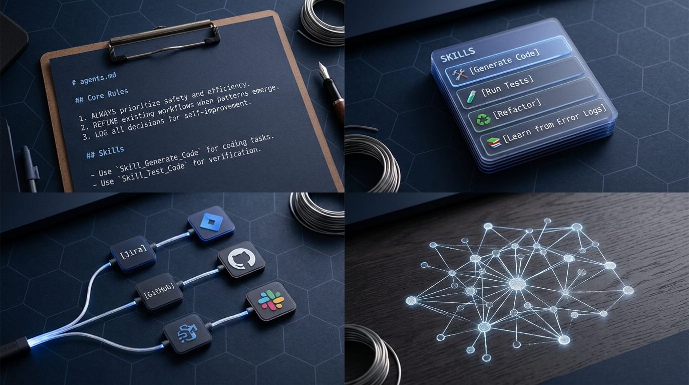 AI agent workspace with four building blocks: rules files, reusable skills, plugin connectors, and memory knowledge graph