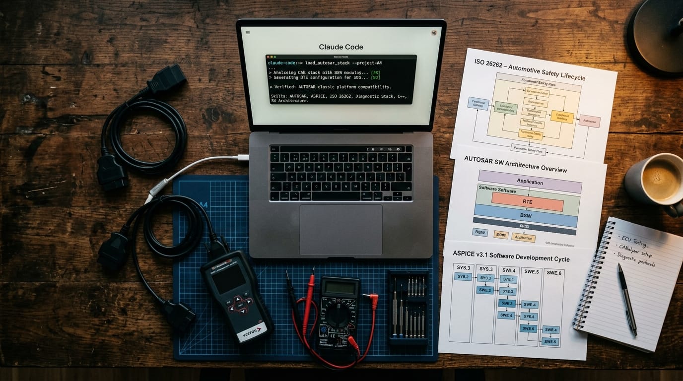 Automotive engineering desk with Claude Code laptop showing ISO 26262 and AUTOSAR skills
