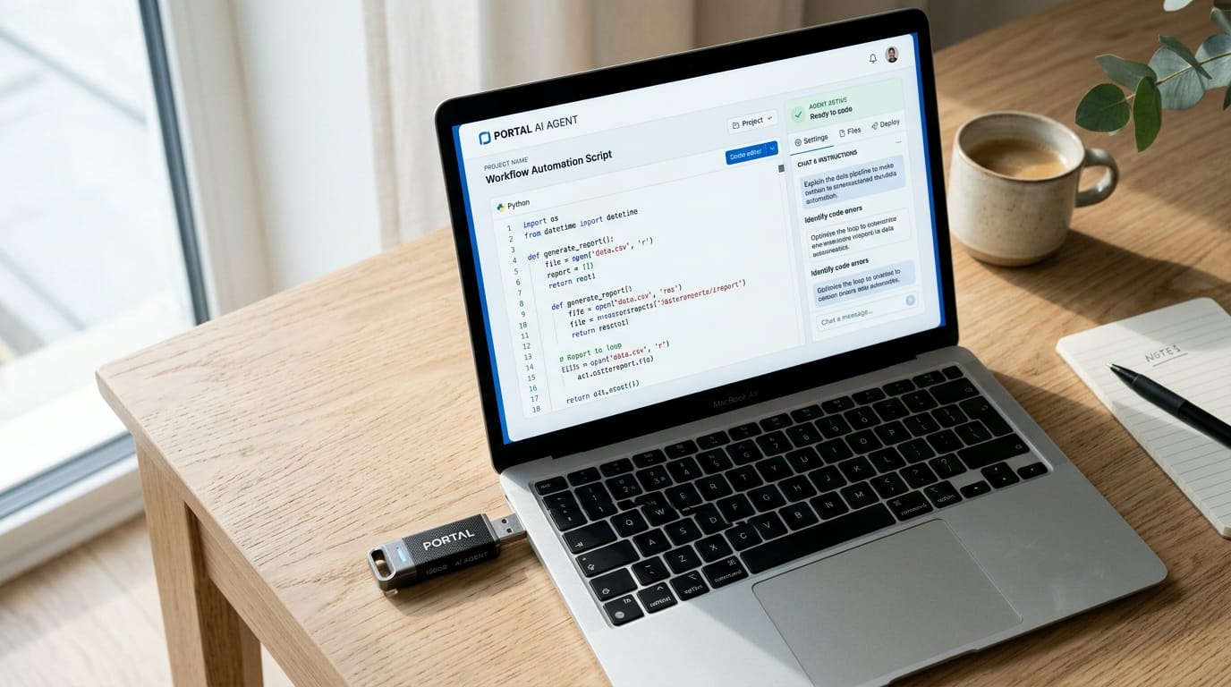 USB flash drive plugged into laptop running portable AI coding agent on minimal desk