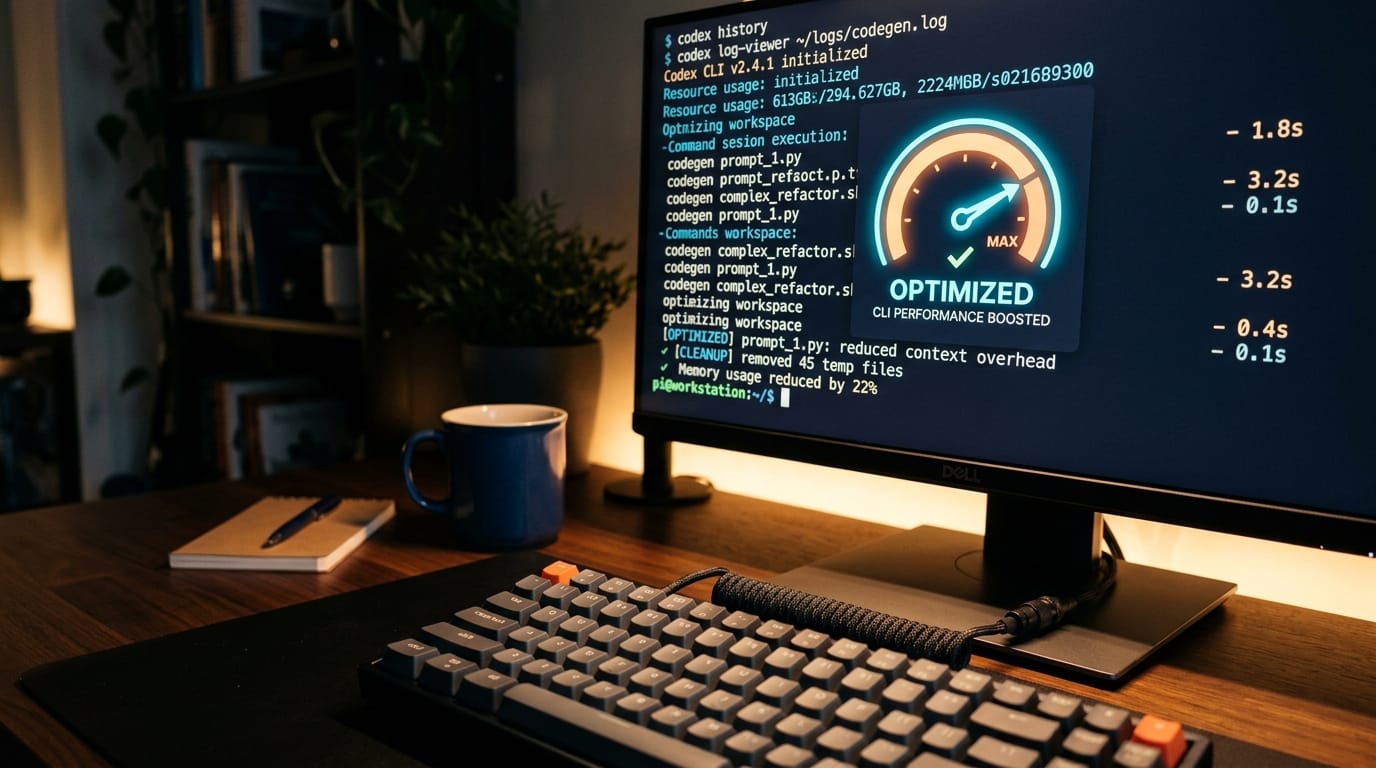 Codex CLI terminal with session logs and speed gauge representing performance optimization