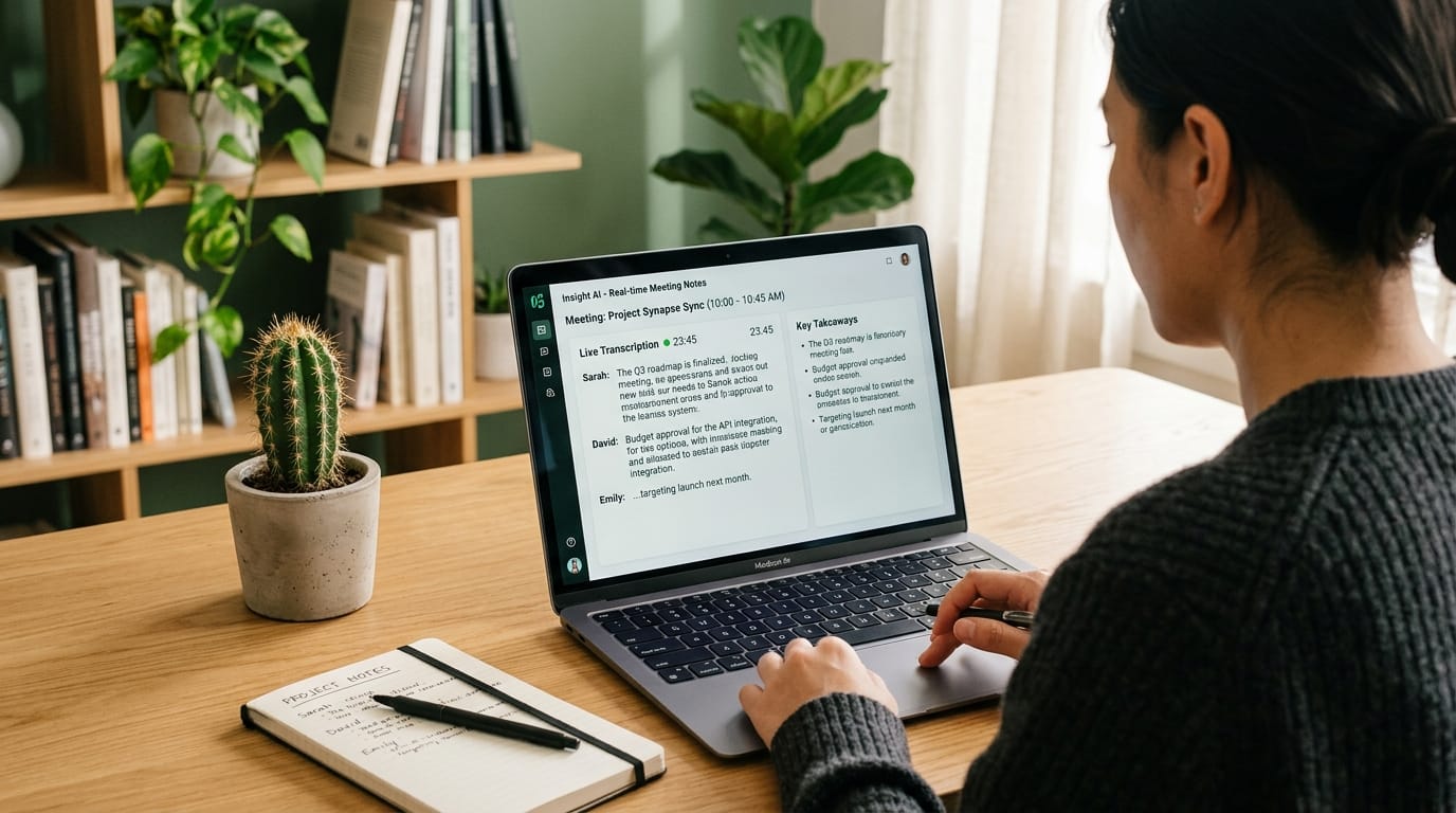 Laptop showing AI meeting notes application with real-time transcription in modern workspace