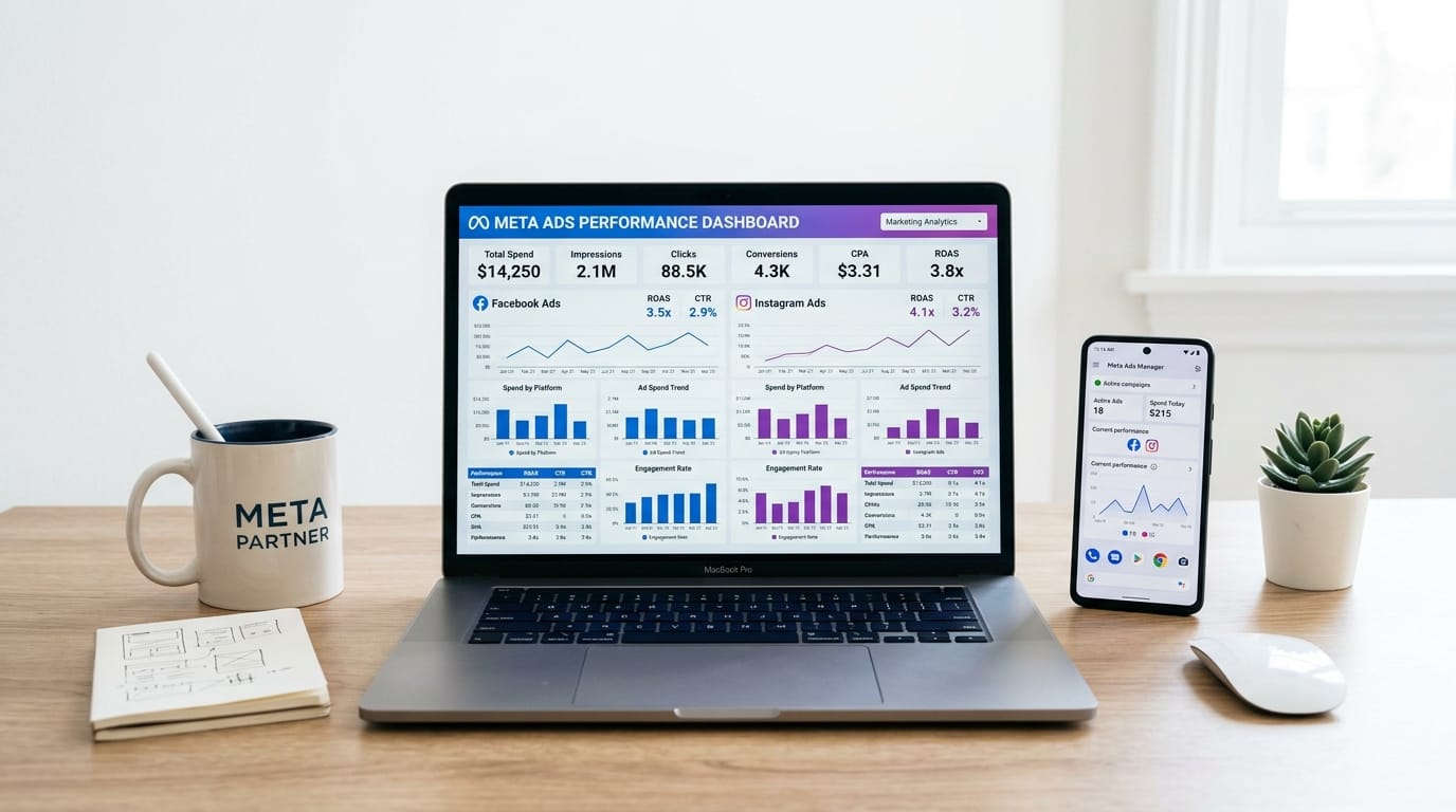Marketing analytics dashboard showing Facebook and Instagram ads performance metrics