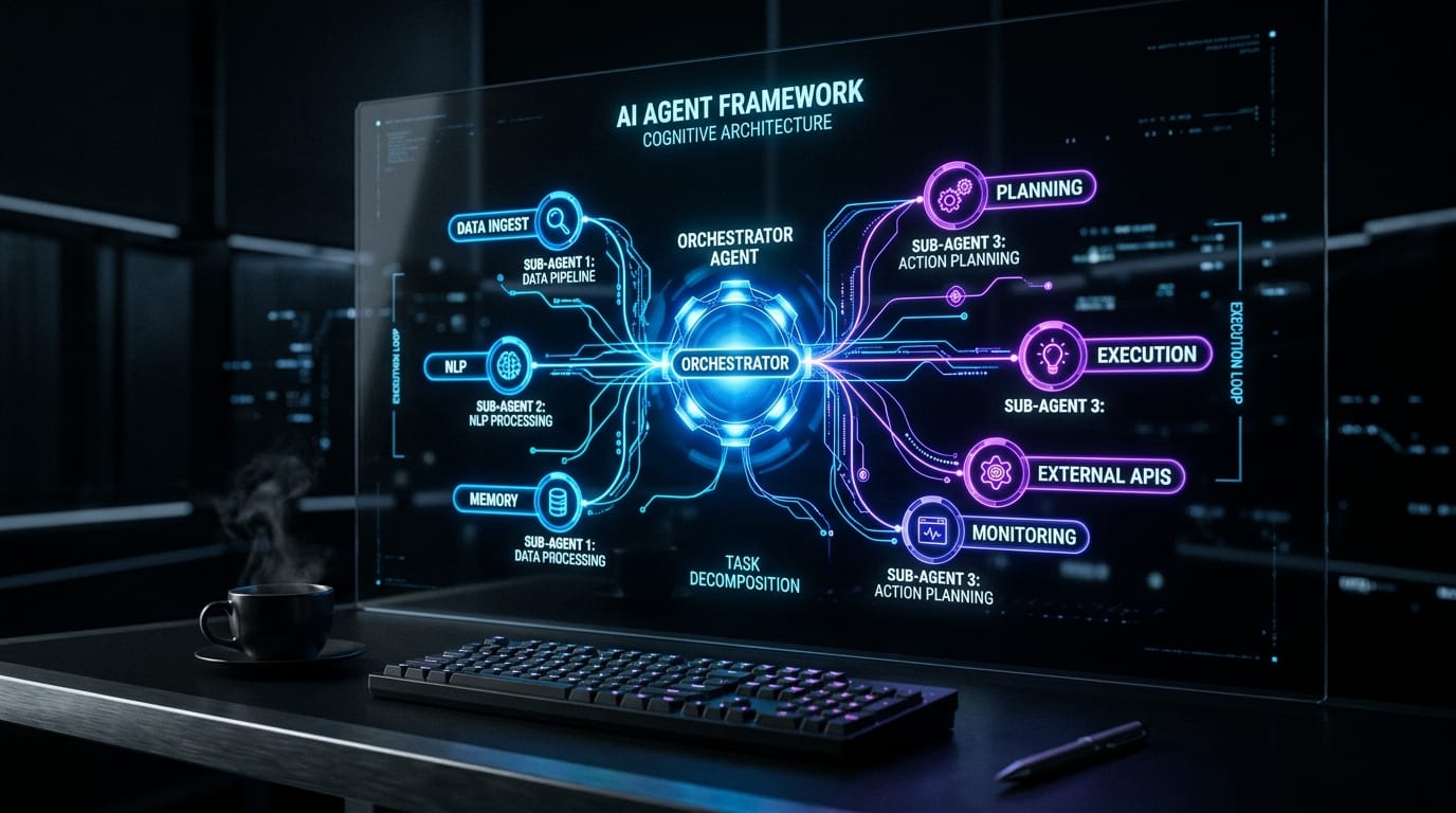 Autonomous AI agent network diagram showing orchestrator connected to multiple specialized sub-agents