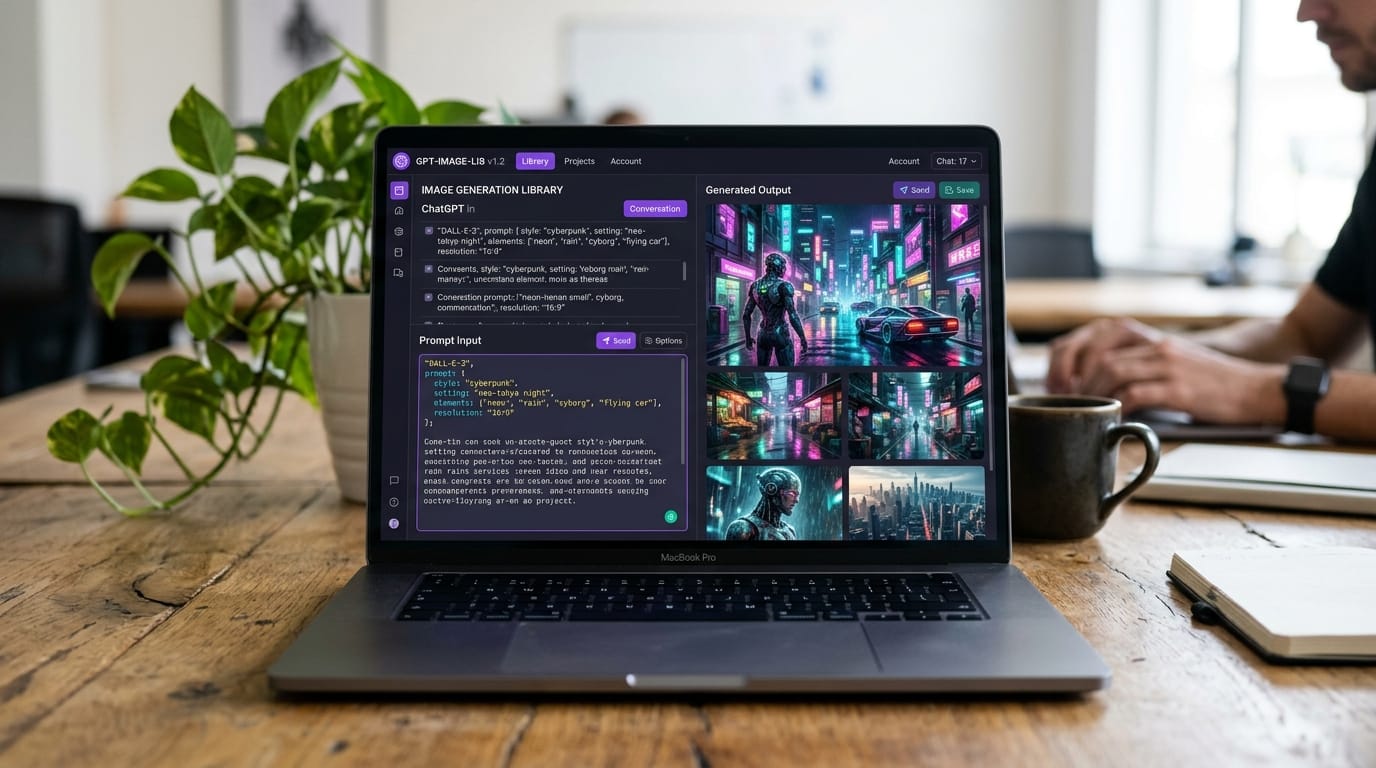 ChatGPT generating images from text prompts with split screen showing code and artwork