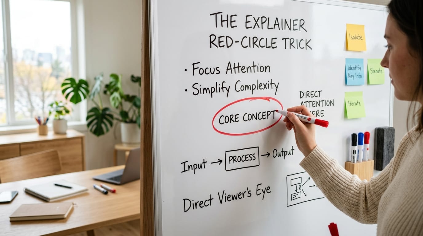 Hand drawing red circle around key detail on whiteboard representing explainer technique