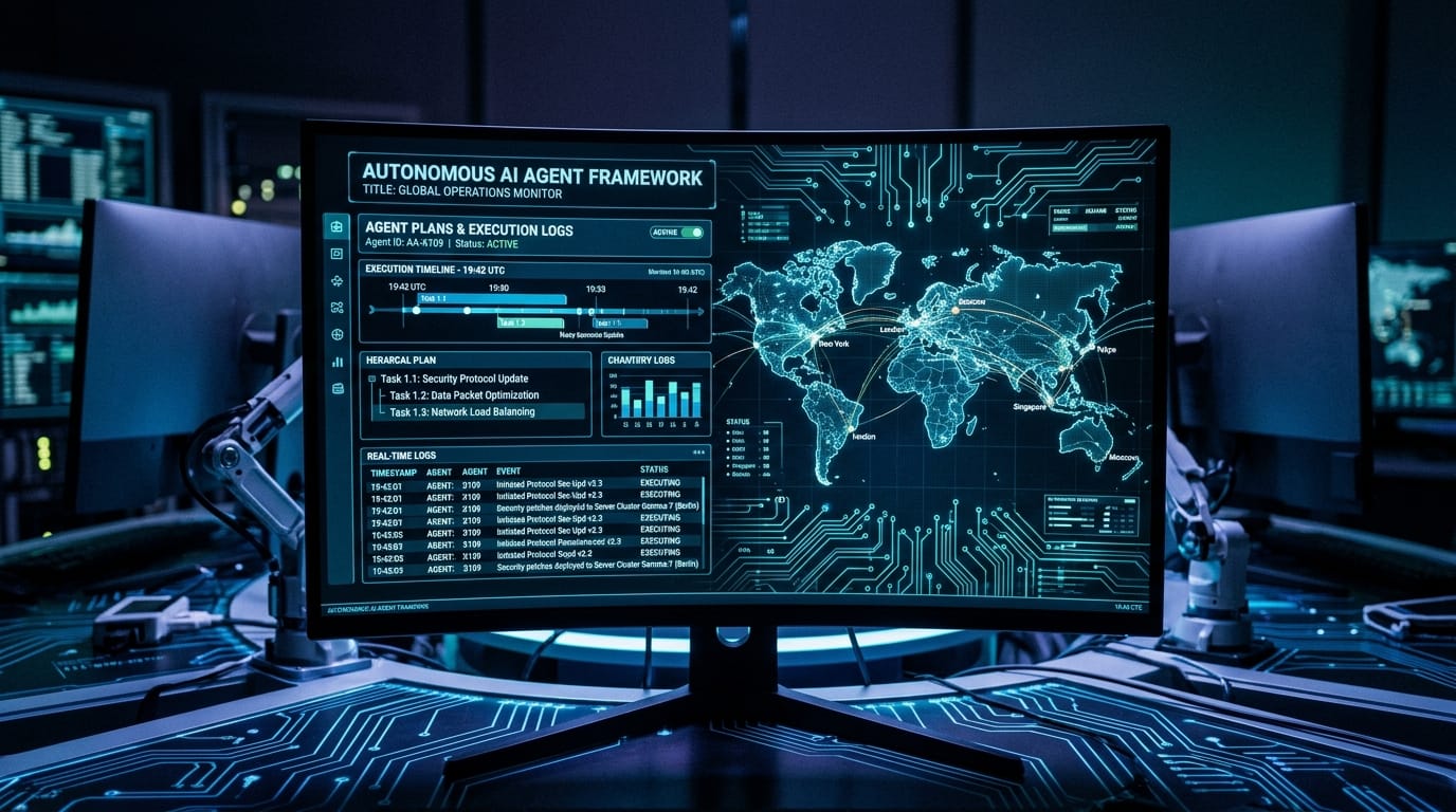 Autonomous AI agent interface with planning logs and global computer control concept
