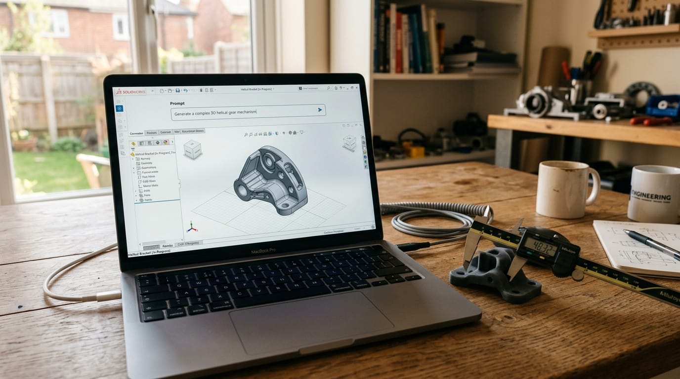 3D CAD model generated from text prompt on laptop with caliper tool and 3D printed prototype