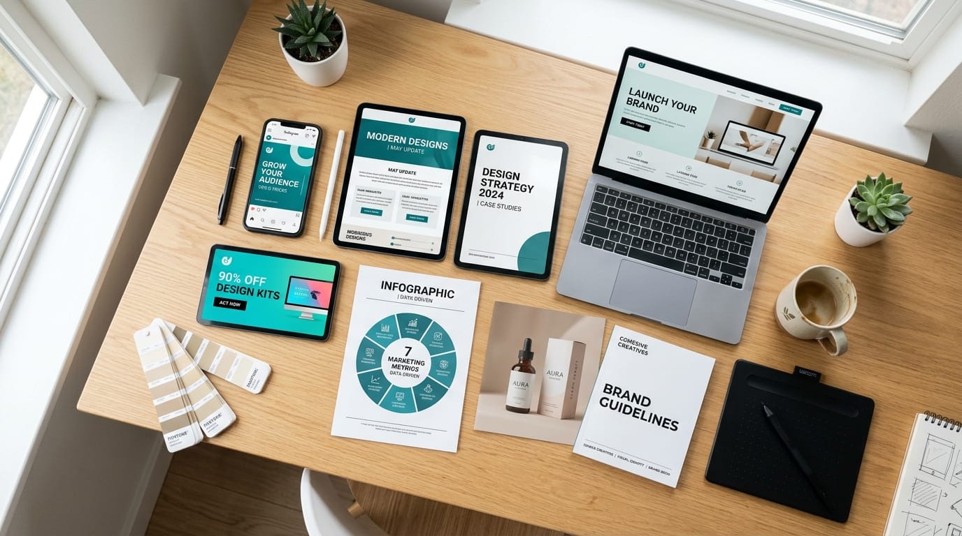 Flatlay collage of eight marketing design examples with design tools on workspace