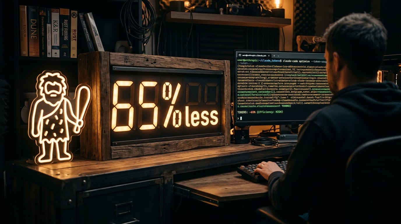 Neon caveman icon beside Claude Code terminal showing compressed output with 65 percent less tokens