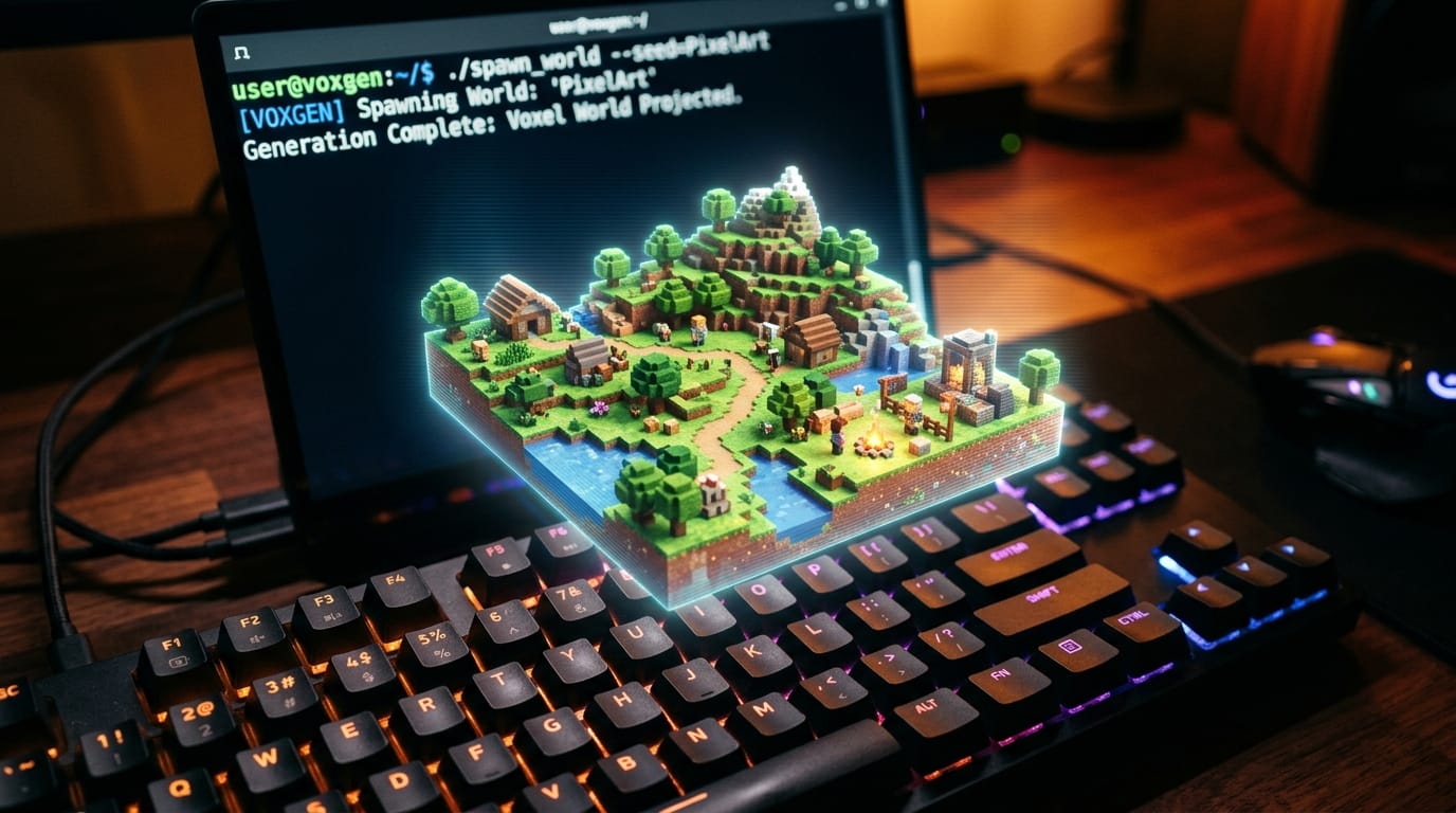 Holographic voxel world floating above laptop keyboard with command-line prompt interface