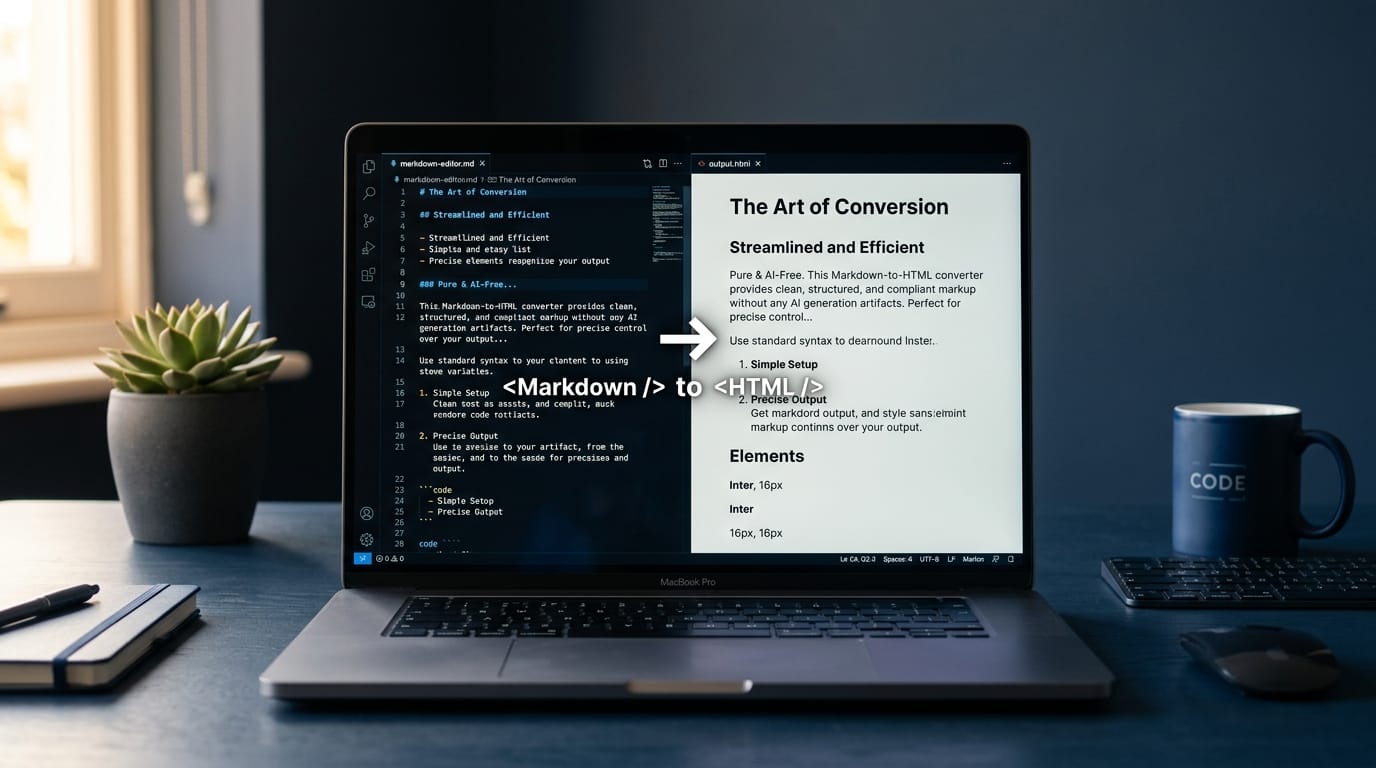 Markdown editor transforming to clean HTML output on laptop screen without AI artifacts