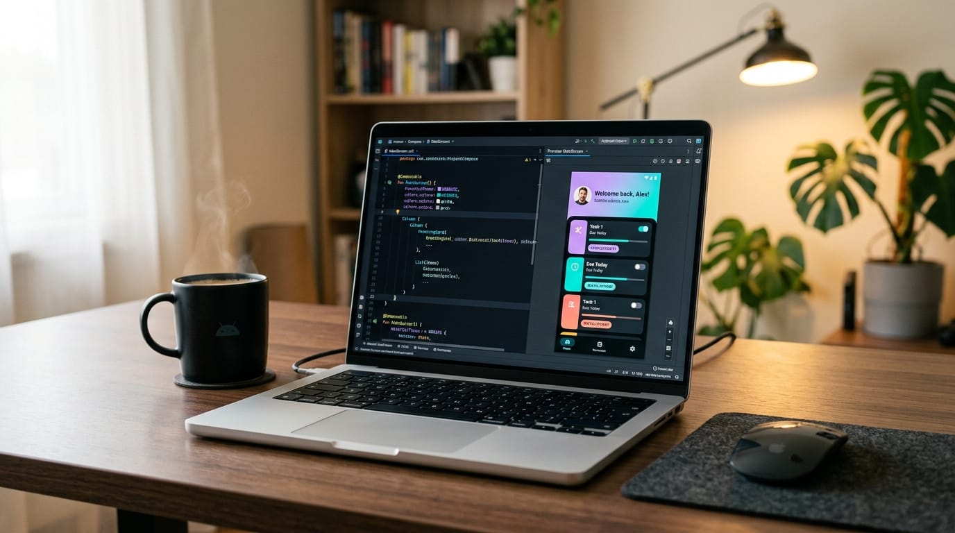 Android Jetpack Compose UI components on MacBook screen with Claude Code editor in dark mode