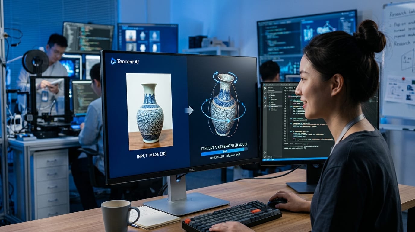 2D image transforming into detailed 3D model on screen showing AI image-to-3D conversion process