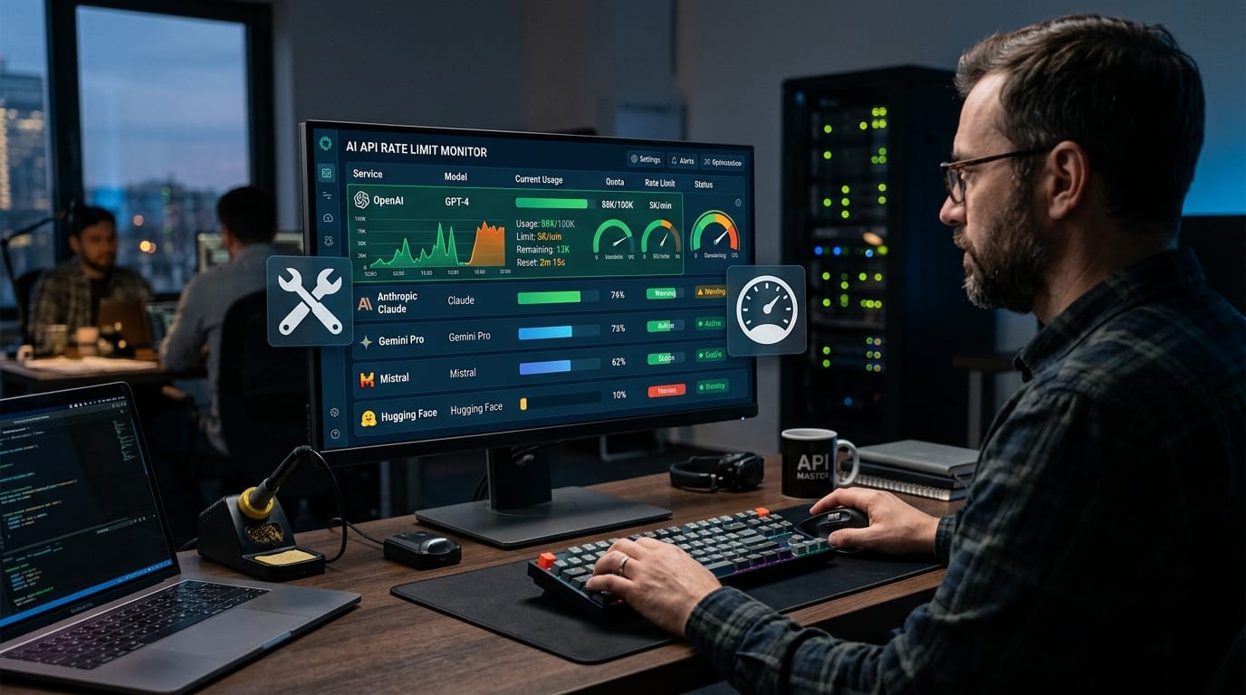 Dashboard monitoring AI API rate limits with graphs usage meters and quota indicators