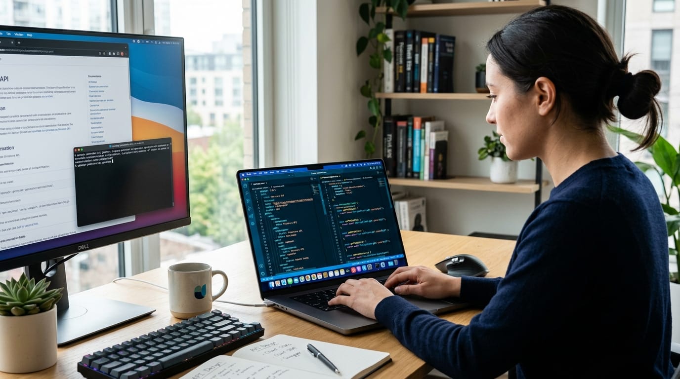 OpenAPI spec document being transformed into API client code on developer laptop