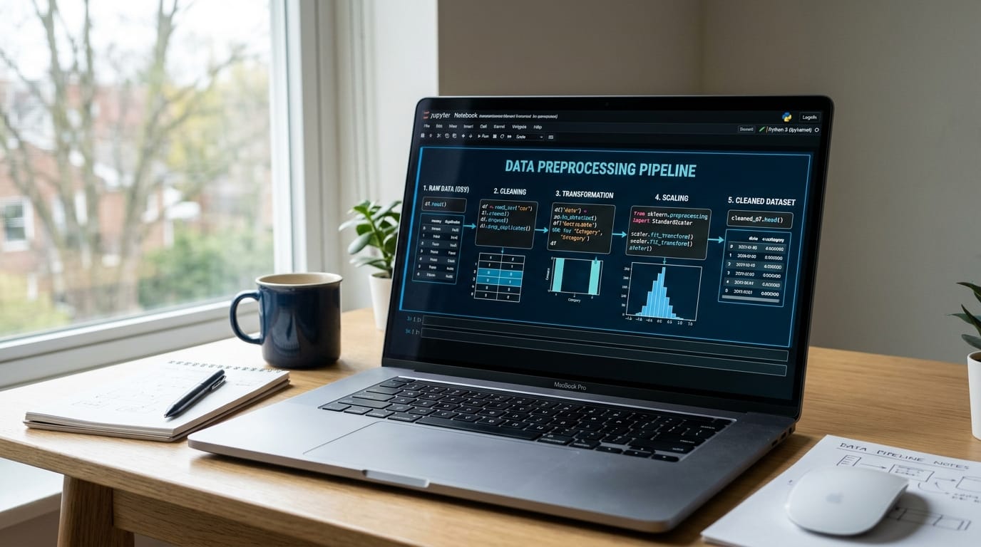 Python data preprocessing pipeline transforming raw data into clean structured datasets