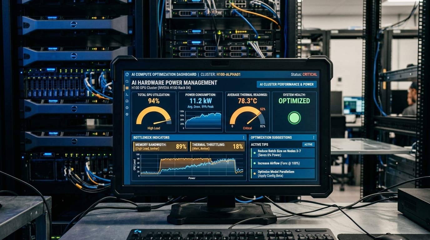 Power management dashboard for AI hardware with GPU usage and thermal readings