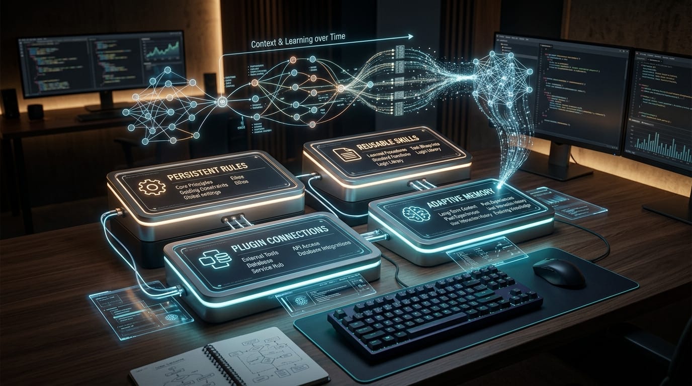 Self-improving AI workspace with four interconnected modules and glowing knowledge graph