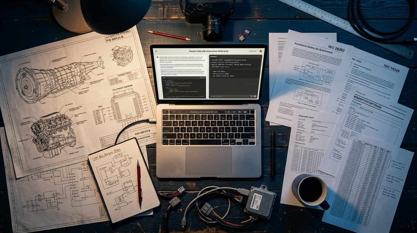 Automotive engineering blueprints and diagnostic documents with laptop running Claude Code skills