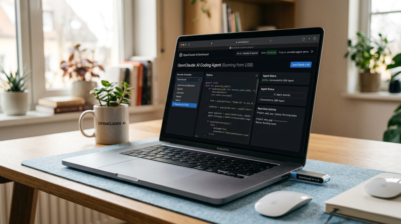 USB flash drive plugged into laptop running portable AI coding agent without installation