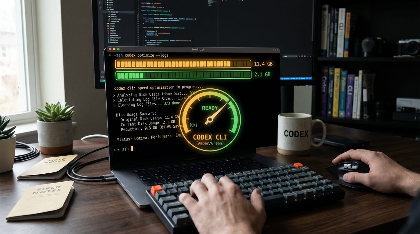 Codex CLI speed dashboard showing disk usage reduction from 11.4 GB to 2.1 GB