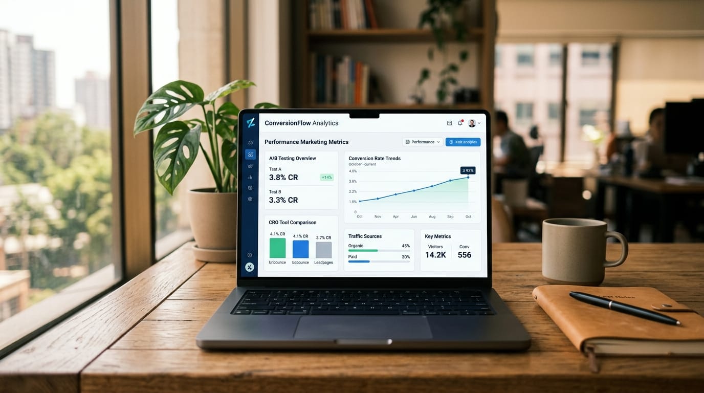 SaaS analytics dashboard with performance marketing metrics and A/B testing results on laptop