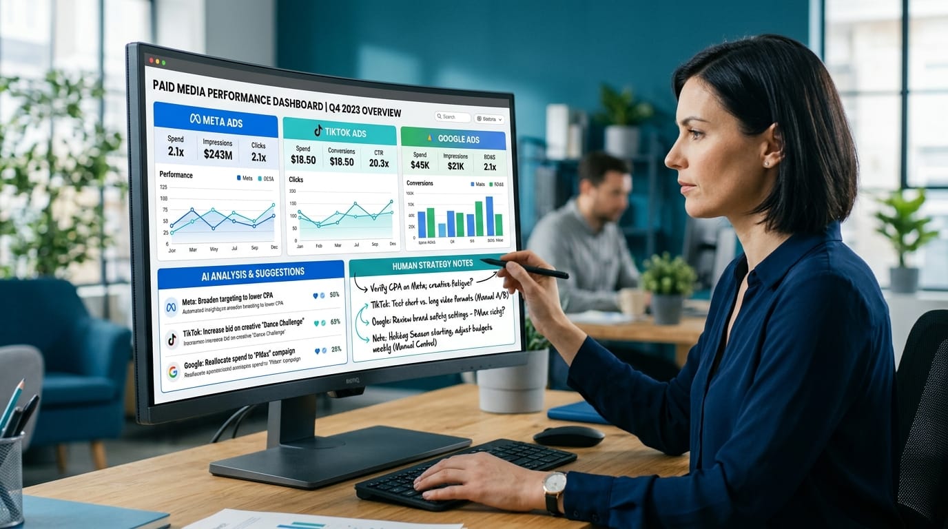 Automated marketing reporting dashboard showing multi-platform analytics and Windsor AI integration