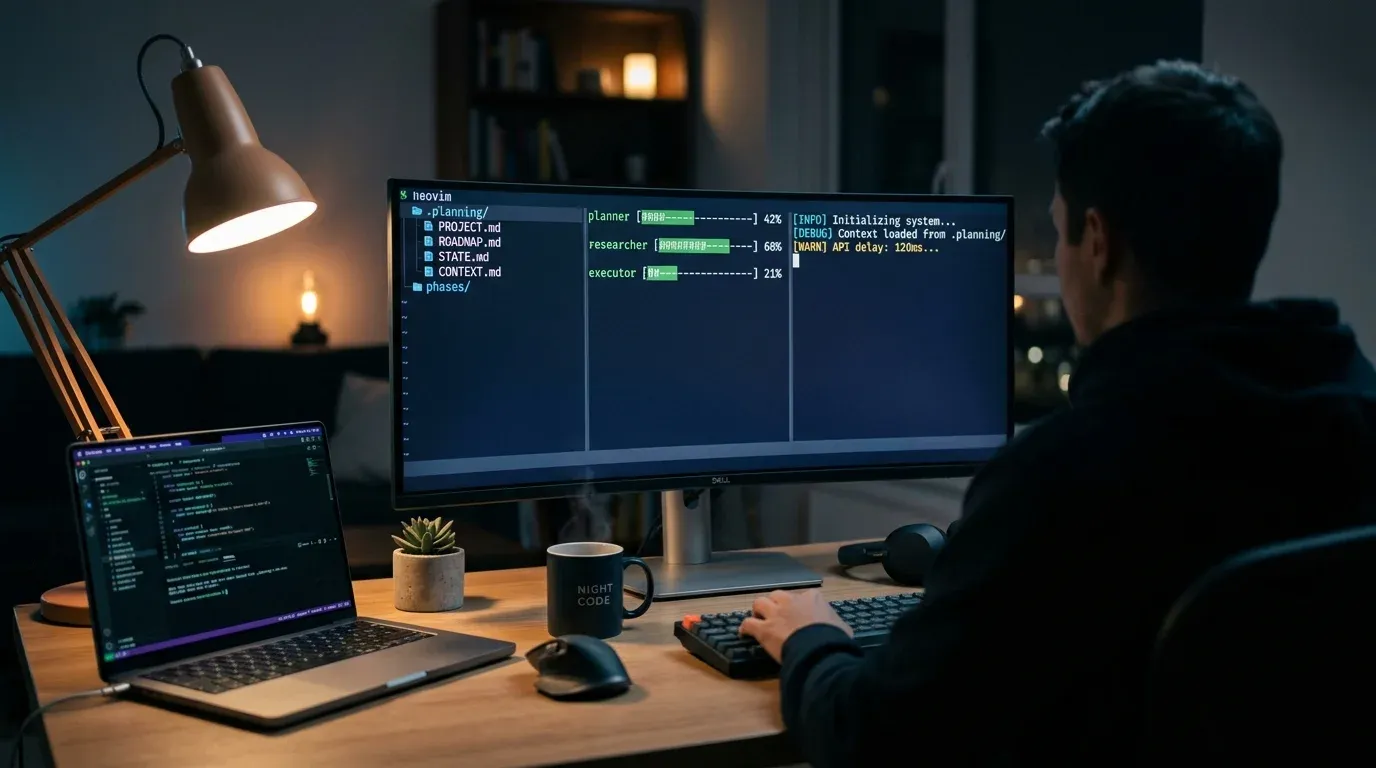 Developer at a dark workstation at night, with a wide monitor showing the .planning directory tree, parallel subagent progress bars, and terminal output.