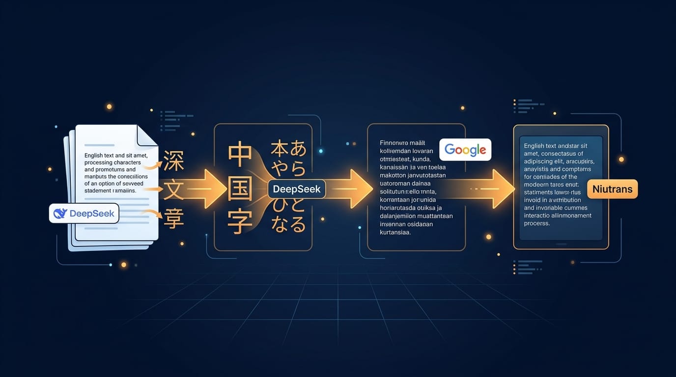 Four-step horizontal pipeline diagram showing AI text humanization flow: English text through DeepSeek to Chinese, DeepSeek to Japanese, Google Translate to Finnish, and Niutrans back to English