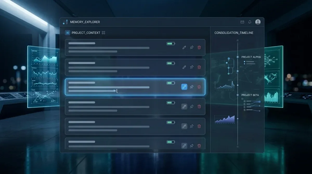 PilotDeck white-box memory editor showing individual memory entries with confidence bars and edit, pin, and delete controls