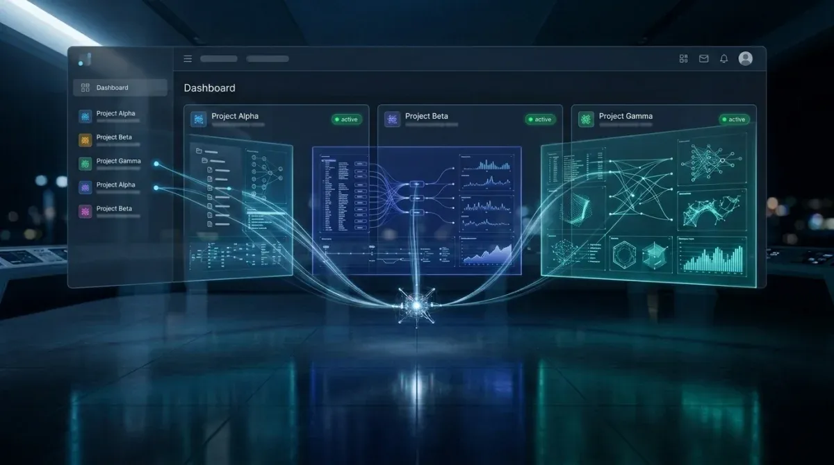 PilotDeck dark-mode dashboard showing three isolated project WorkSpaces, each with its own files, memory, and activity