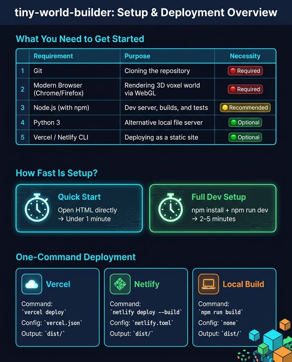Infographic summarizing tiny-world-builder setup requirements and deployment options including Git, browser, Node.js, Python 3, and Vercel/Netlify CLIs.